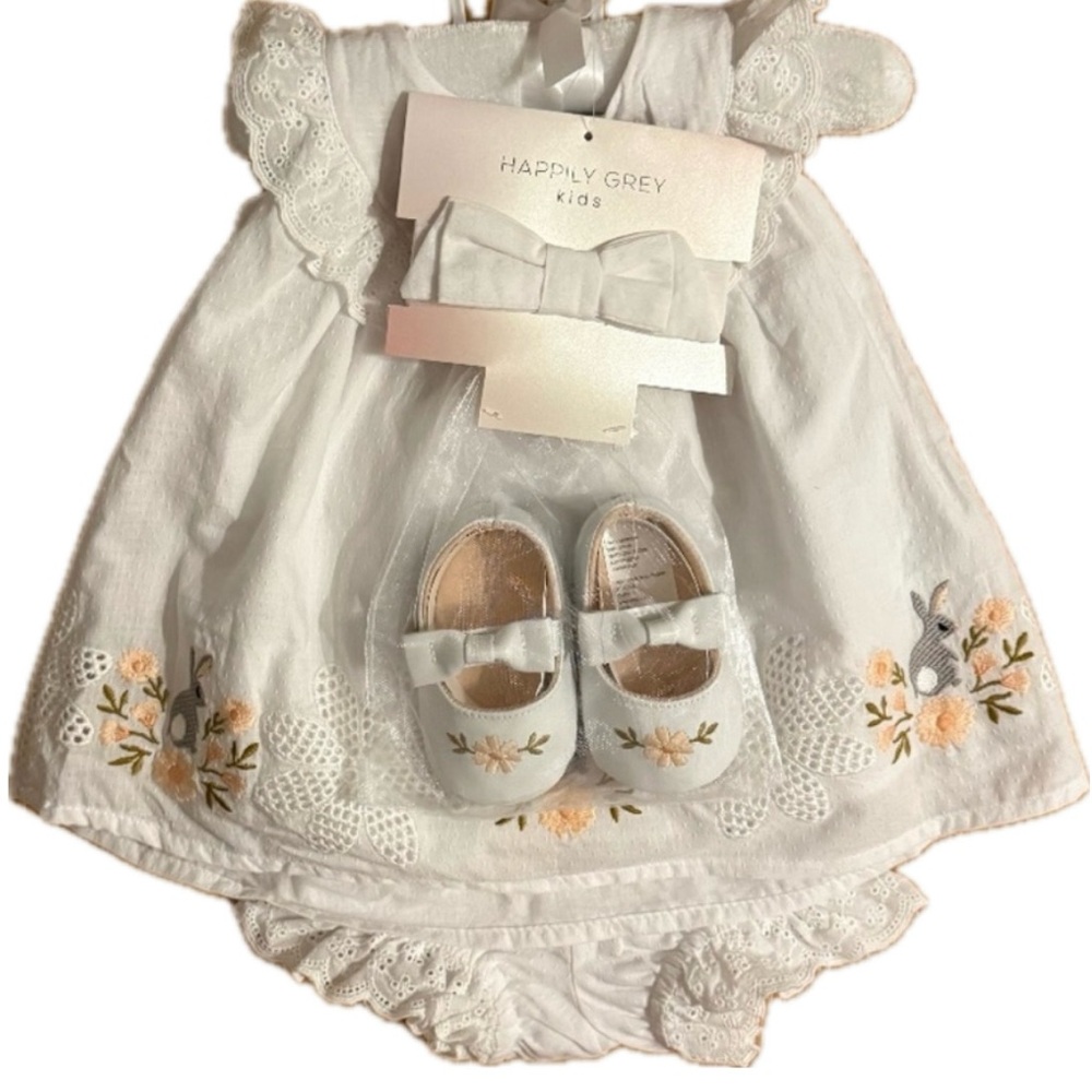 Happily Grey Baby Girl Easter Bunny Dress With Matching Shoes & Diaper Cover
